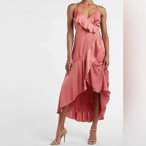 Express satin wrap midi dress coral large